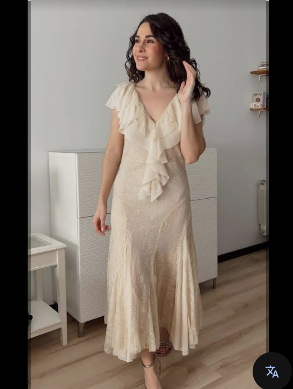 Zara Cream Lace Ruffle V-Neck Midi Dress